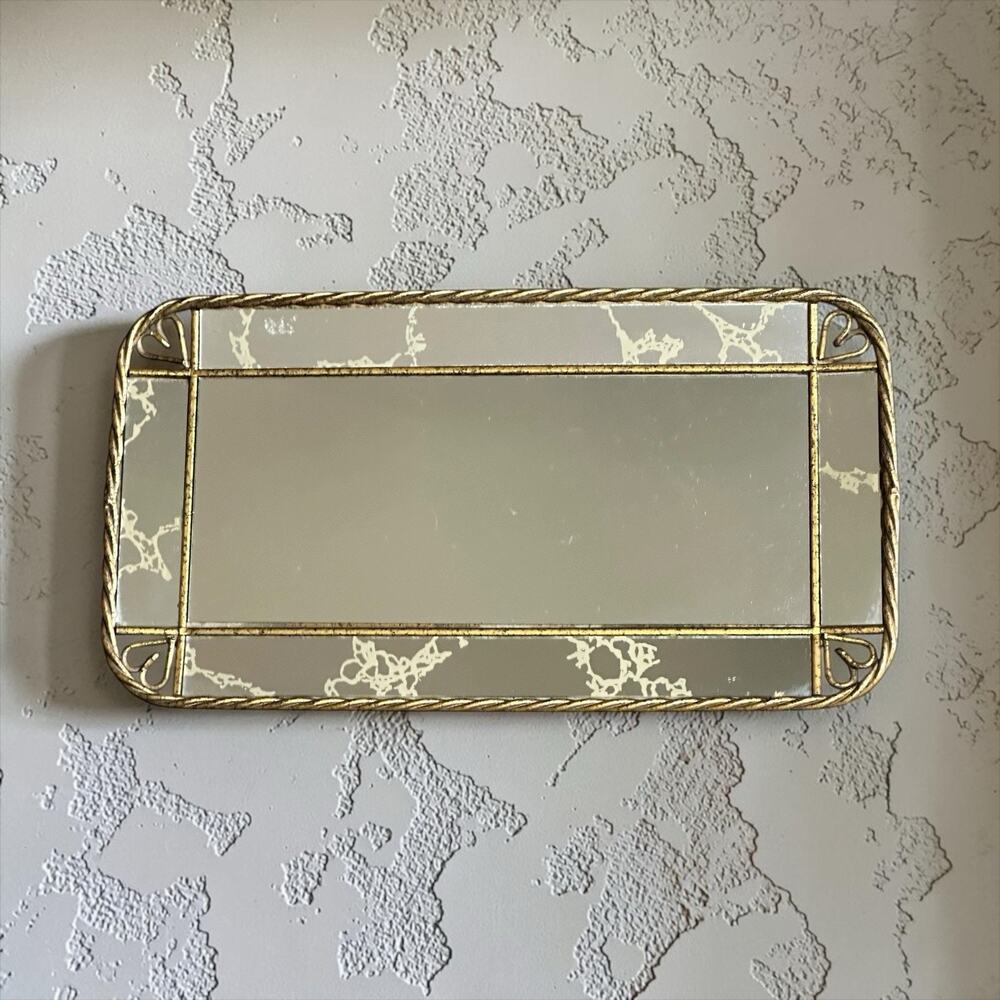 Homco Gold Tone Twisted Metal Frame Mirror Hanging or Table Top Vanity Tray Vtg